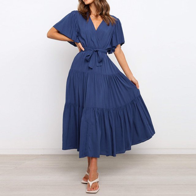 LOVZFMLL Women Solid Short Sleeve Loose Ruffles Lacing Dress Dark Blue L