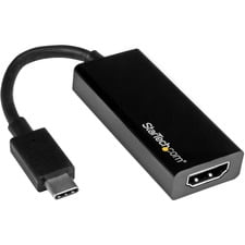 STR USB-C TO HDMI BK adapter by StarTech.com, a compact black video adapter with a short cable, featuring a reversible USB 3.1 Type-C male connector and an HDMI 1.4 female port, supporting 4K 30Hz resolution and compatible with Thunderbolt 3 devices for high-definition video output.