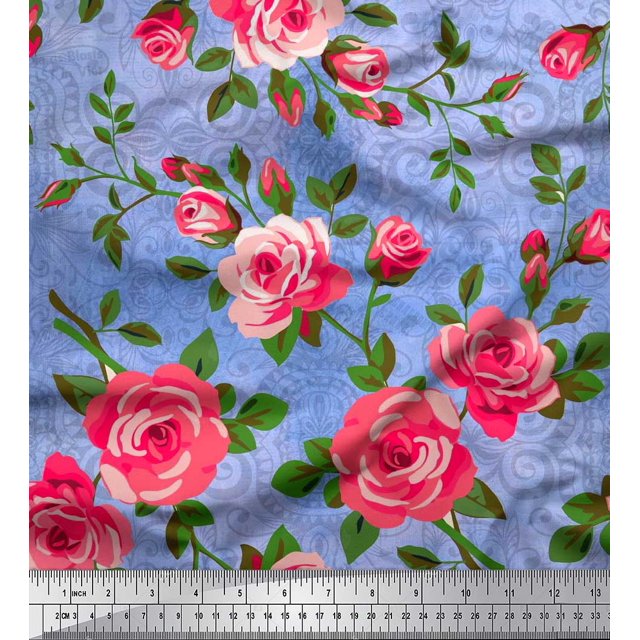 Soimoi polyester Crepe Fabric Leaves & Rose Flower Print Fabric by the Yard 52 Inch Wide