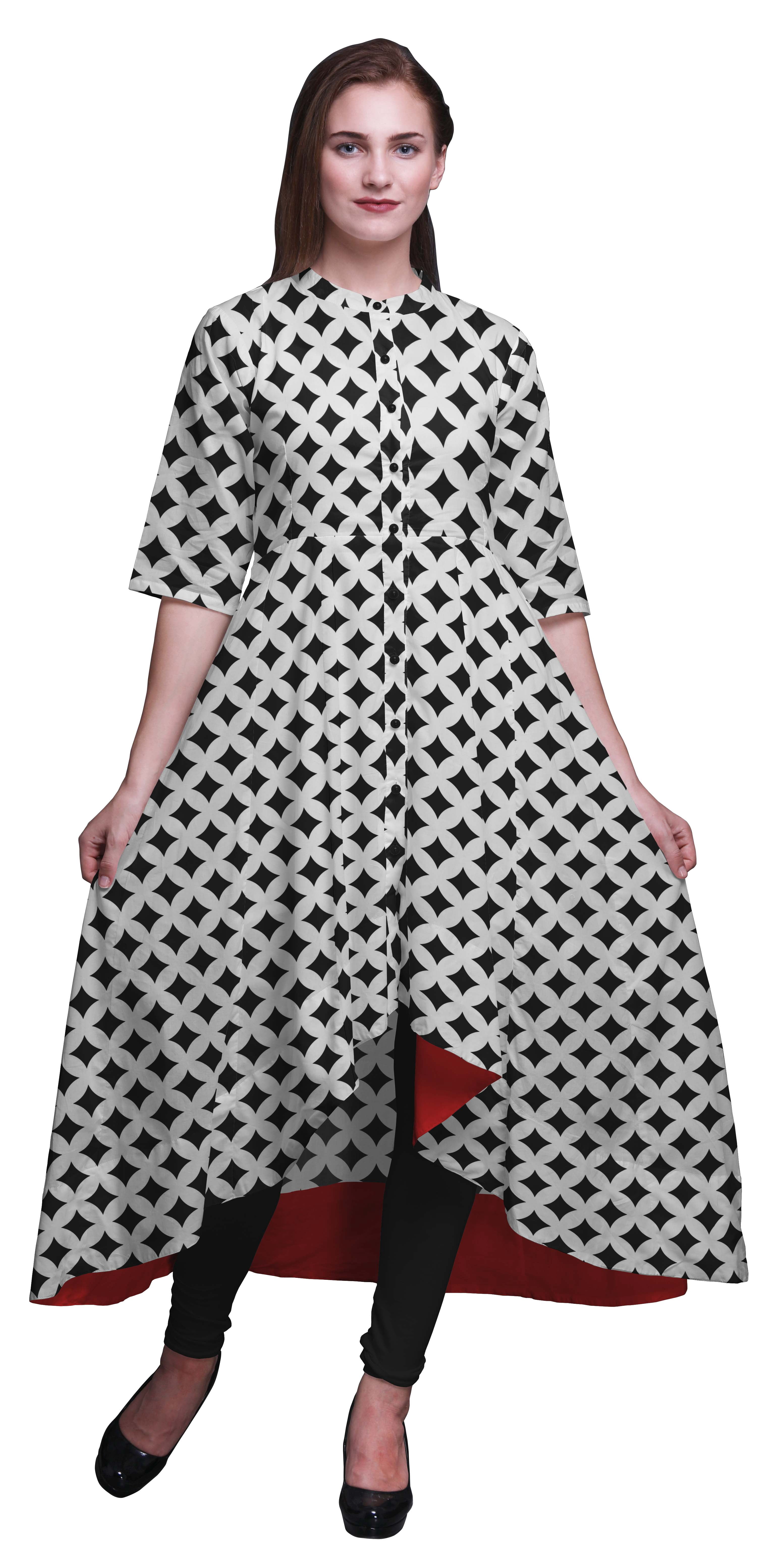 Bimba Robe Anarkali Blanche à Imprimé Géométrique Losange pour Femmes, Col Mandarin, Kurtis Indiens, Kurta Asymétrique - Petit