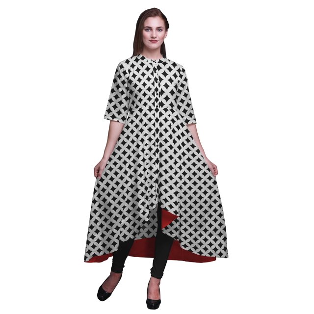 Bimba Robe Asymétrique Anarkali Kurti Imprimée pour Femmes, Blanc, Losanges Géométriques, Tenue Ethnique Indienne - X-Grand