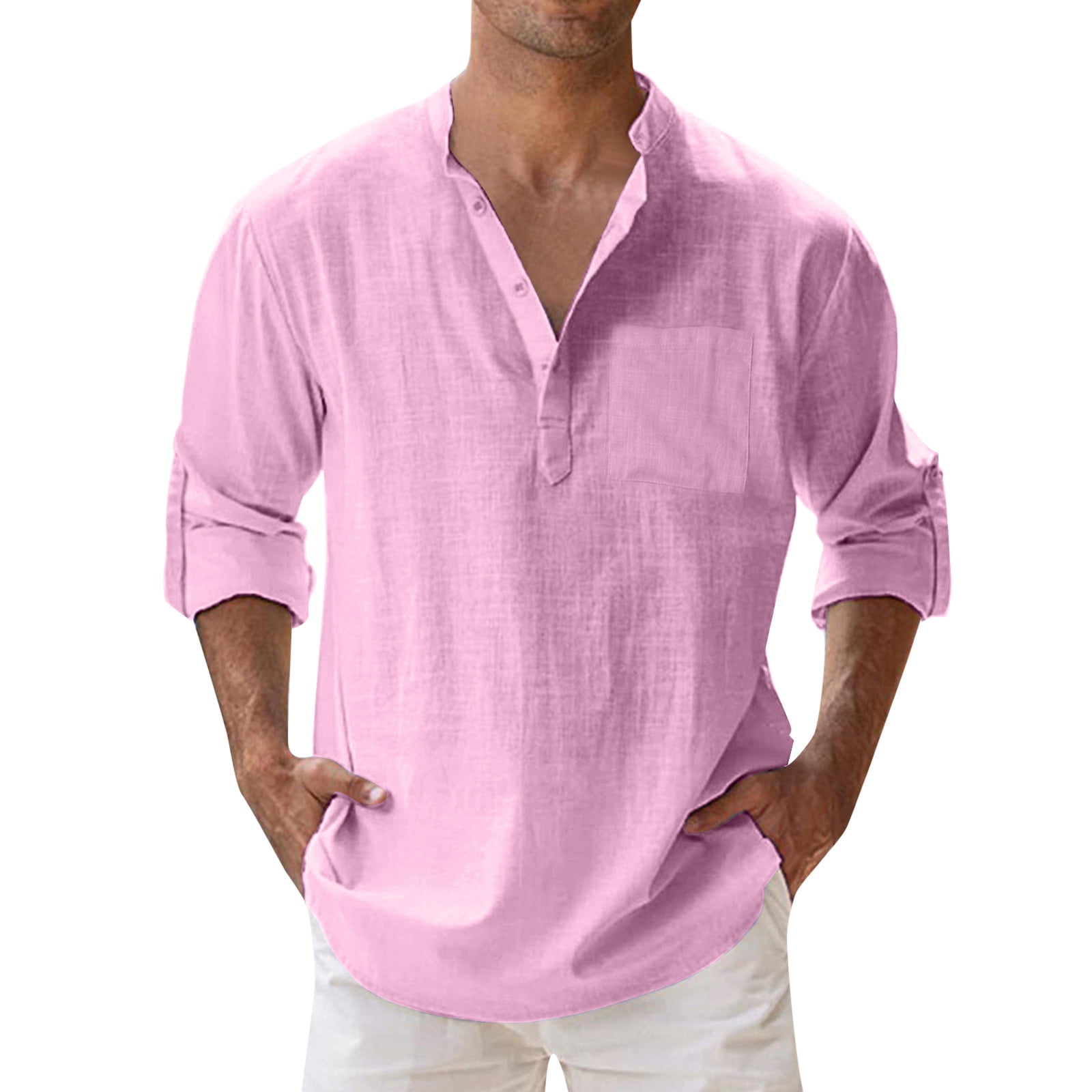 Kcodviy Mens Spring Loose Stand one Sleeve Shirt Solid Color Pocket Long Mens Crotch Shirt Sleeve Pullover Shirt