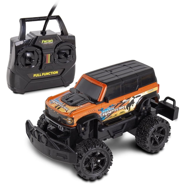 NKOK Ford Bronco Raptor Jouet RC avec Corps orange et Noir, Graphiques Personnalisés Détaillés, Pneus Robustes Surdimensionnés, et une Télécommande Noire à Fonctions Complètes avec Doubles joysticks, à Friction pour un Jeu Tout-Terrain Rapide Sans Piles.