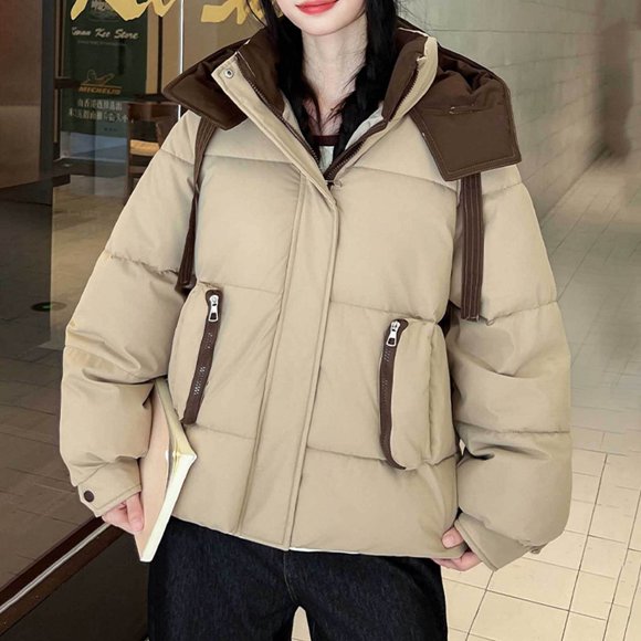 Pincandy Women's Cropped Puffer Jacket Hooded Warm Padded Winter Outerwear Coat with Pockets
