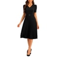 thumbnail image 2 of INSPIRE CHIC Robe pour Femme Travail Col en V Manches Courtes sous le Genou Ceinturée Ligne A Plissée Robe L Noir, 2 of 6