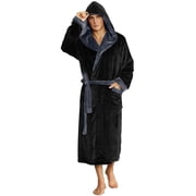U2SKIIN Mens Fleece Robe with Hood, Mid Length Plush Shawl Collar Two Tone Bathrobe,(Black/Dark Grey,L-XL)