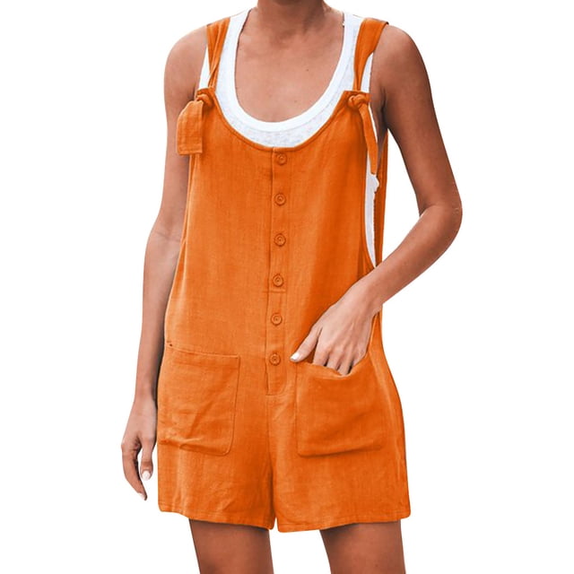 TopLLC Women's Summer Casual Rompers Sleeveless Loose Spaghetti Strap Short Jumpsuits Overalls Solid Button Bodysuit Playsuit With Pockets
