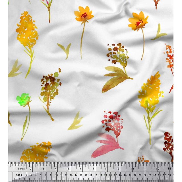 Soimoi Rayon Fabric Flower & Leaves Watercolor Print Fabric by Yard 42 Inch Wide