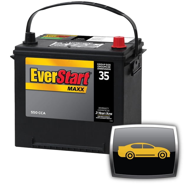 EverStart AUTO MAXX-35N 12 Volt car battery, Group Size 35, 550 CCA, black maintenance-free automotive battery with a carrying handle, red positive terminal cover, and yellow EverStart Maxx label, designed for cold Canadian climates and 90 minutes reserve capacity.