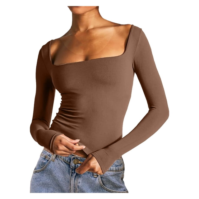 Timegard Hauts de Sortie pour Femmes Camisoles Col Carré Manches Longues T-Shirt Froncé Automne Décontracté Ajusté Hauts