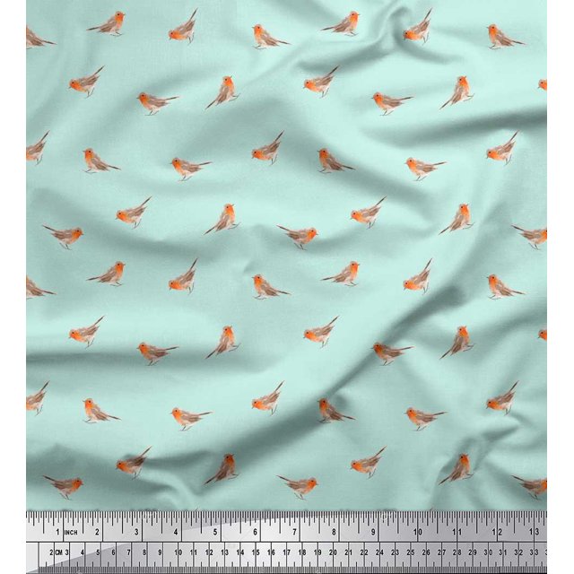 Soimoi Green Poly Georgette Fabric American Robin Bird Print Sewing Fabric BTY 42 Inch Wide