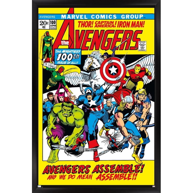 Marvel Comics - Avengers #100 Wall Poster, 22.375" x 34" featuring a vintage comic book cover with Avengers superheroes including Captain America with shield, Thor with hammer, Iron Man in armor, Hulk, and Hawkeye in dynamic action poses on a bright yellow background with bold red 'Avengers Assemble!' text, suitable as wall art for home décor or fan collections.