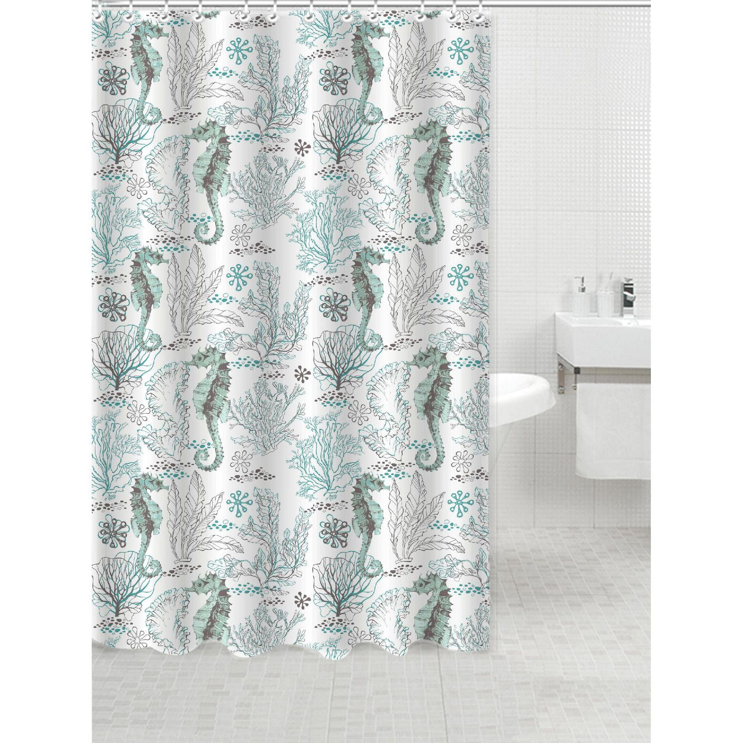 Printed Canvas Shower Curtain With Roller Hooks (Seahorse)