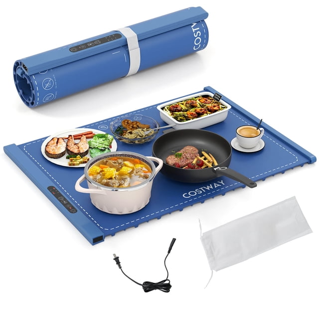 Costway Rollable & Portable Electric Warming Tray in blue, designed for buffets and gatherings. Made from food-grade silicone with a nano-coated surface for durability and easy cleaning, it heats in 10 seconds with customizable temperature and timer settings. Safety features include auto shut-off, child lock, and non-slip grilles. Compatible with stainless steel, ceramic, and other tableware materials. Shown with various dishes, it rolls up with a hook-and-loop strap and stores in the included bag, making it a versatile chafing dish alternative.