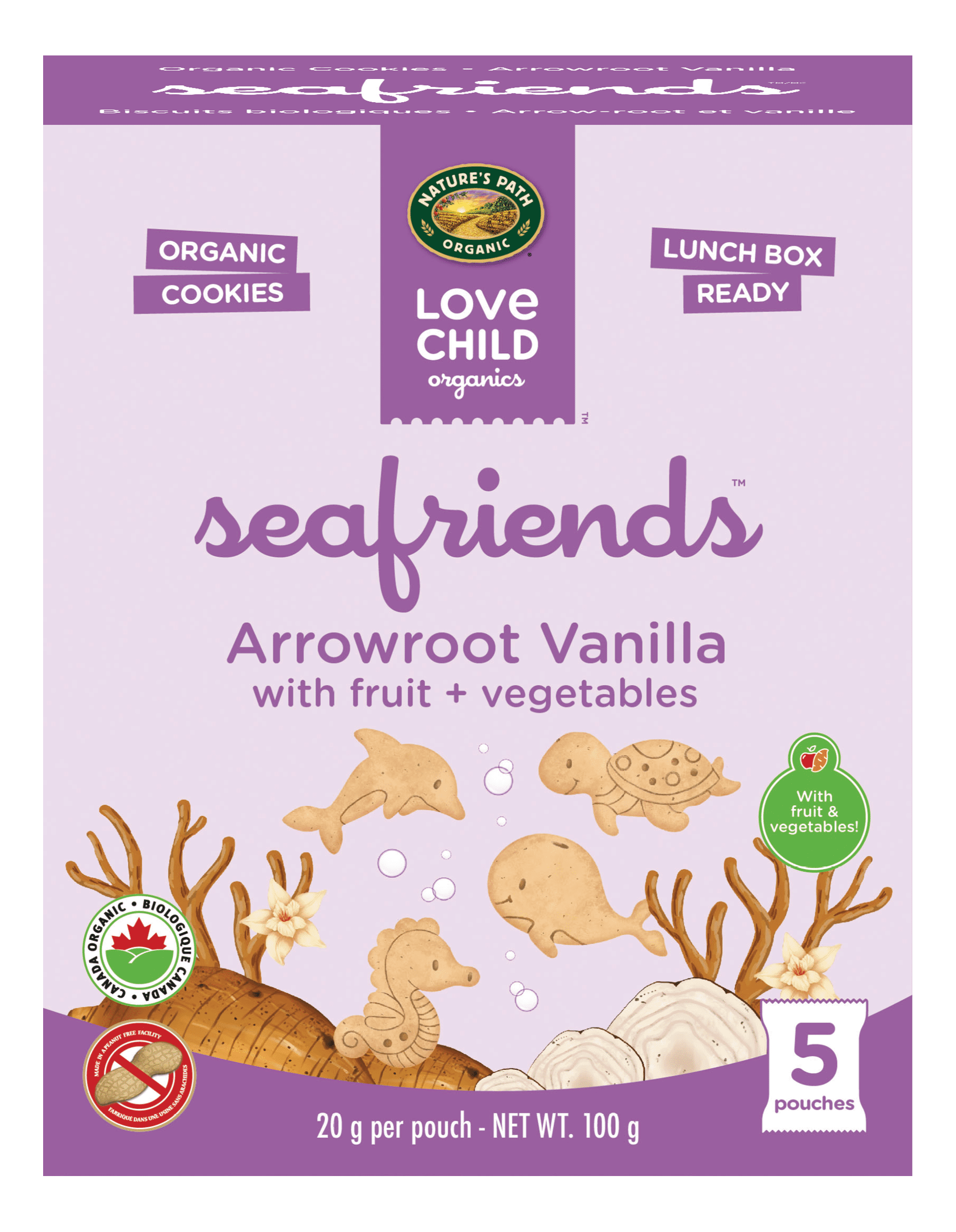 Love Child Organics Sea Friends Arrowroot Vanilla 5ct Snack Pack Cookies 100g Box