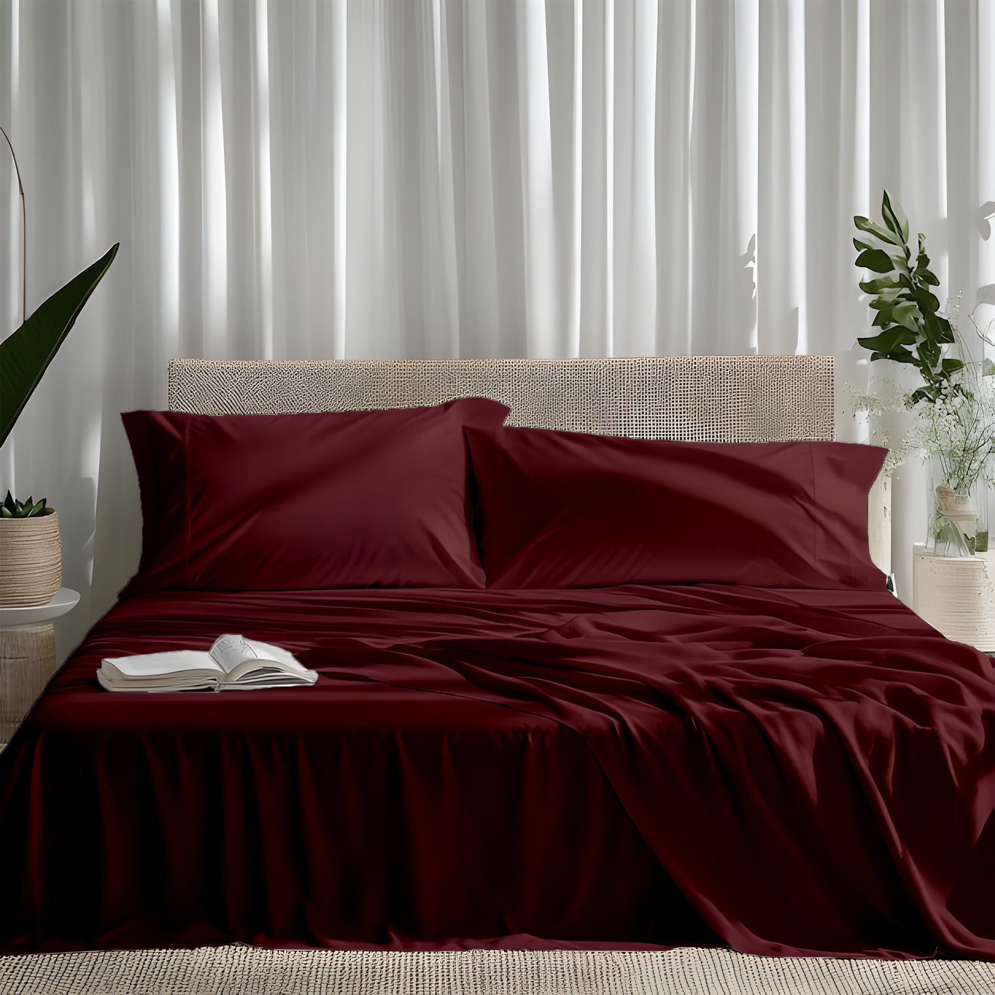 ViscoLogic EGYPTIAN COMFORT Silky Smooth Lightweight Bed Sheet Set - Brushed Micro - Deep Pocket - 4 Piece Set (Burgundy, King)