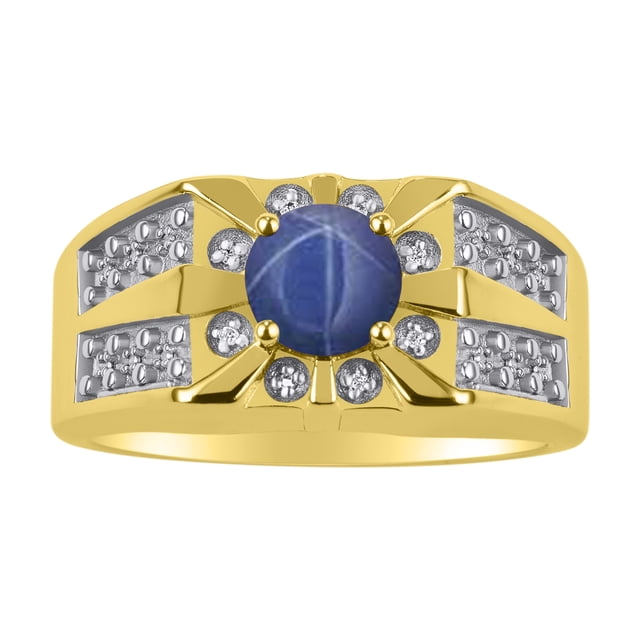 RYLOS Men's Rings 14K Yellow Gold Designer Starburst 7MM Round Gemstone & Diamond Ring Blue Star Sapphire September Size 9
