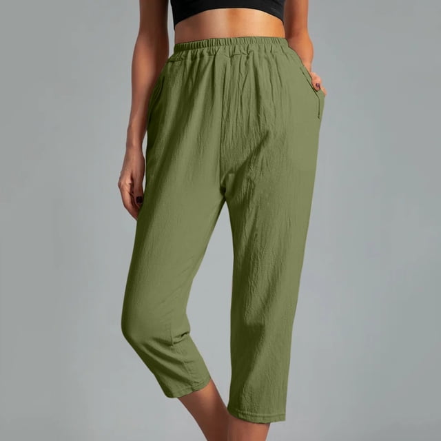 LSLJS Women Casual Solid Color Pockets Elastic Waist Comfortable Straight Calf-Length Pants