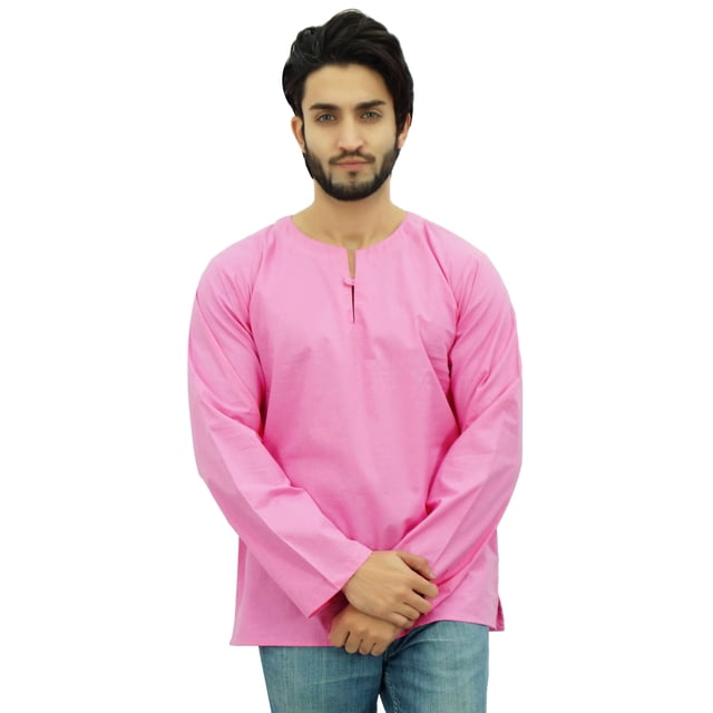 Atasi Men's Baby Pink Short Kurta Round Keyhole Neck Cotton Shirt-Small