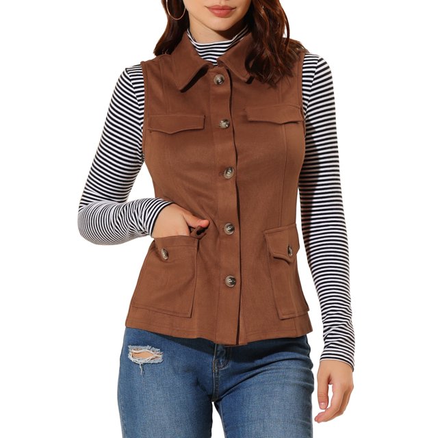 INSPIRE CHIC Veste Cargo Utilitaire pour Femme Sans Manches à Boutons devant en Faux Suède avec Poches TP Brun
