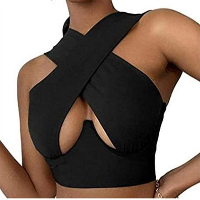 Women Criss Cross Tank Tops Sleeveless Solid Color Cutout Crop Tops