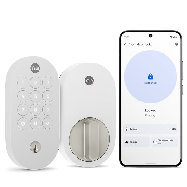 Yale Smart Lock with Matter - Snow featuring a white push button keypad and keyed lock with thumb turn, displayed alongside a smartphone showing the Google Home app interface with lock status, battery percentage, and access settings for remote door security control.