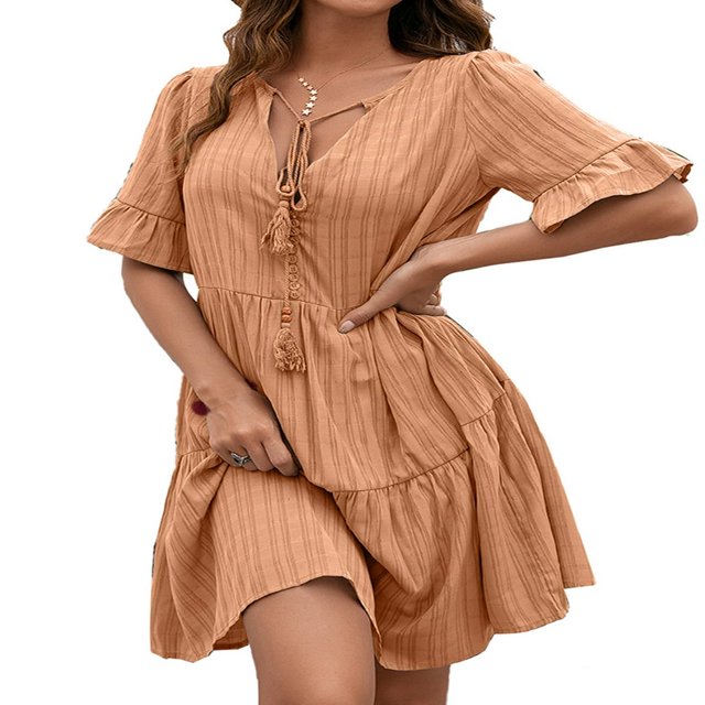 Women Short Sleeve Loose Dress with A-line Version Simple Style Solid Color V-neck Summer Clothing