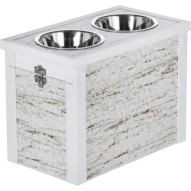 New Age Pet Piedmont Raised Double Diner in rustic whitewashed wood with white trim, featuring two removable 64-ounce stainless steel bowls and a front latch storage compartment for up to 20 pounds of dry food, suitable for compact pet feeding and storage.