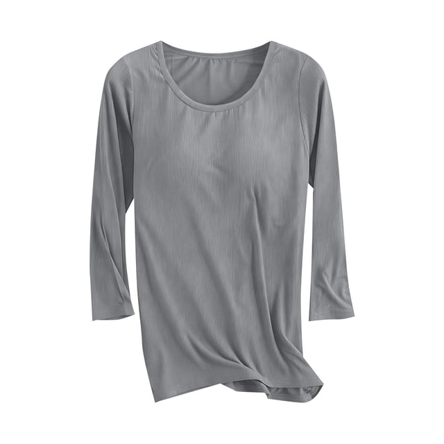 Ltctricy T-Shirts pour Femmes avec Soutien-Gorge Intégré Manches 3/4 Encolure Dégagée Tricot Côtelé Hauts de Pyjama Ajustés Tuniques Décontractées Blouses (Gris, XX-Grand)
