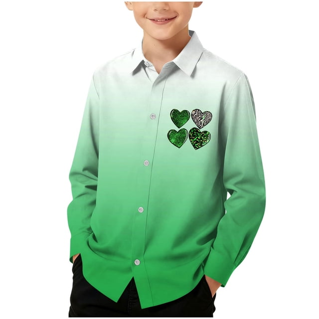 RXMEKW Chemise à Manches Longues Imprimée de la Saint-Patrick pour Garçons avec Col Rabattu, 95 % Coton 5 % Élasthanne, Vert