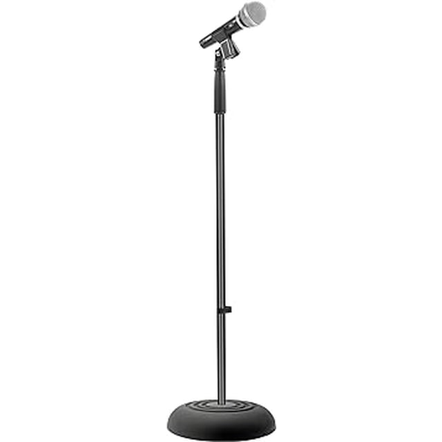 Pyle Microphone Stand, a height-adjustable mic stand with a range of 2.8 to 5 feet. Features a sturdy, compact metal base for stability and balance, a lightweight design for portability, and a universal microphone mount. Ideal for studio use, concerts, and on-the-go musicians. Glossy black finish with USA standard 5/8 x 27 external thread size.