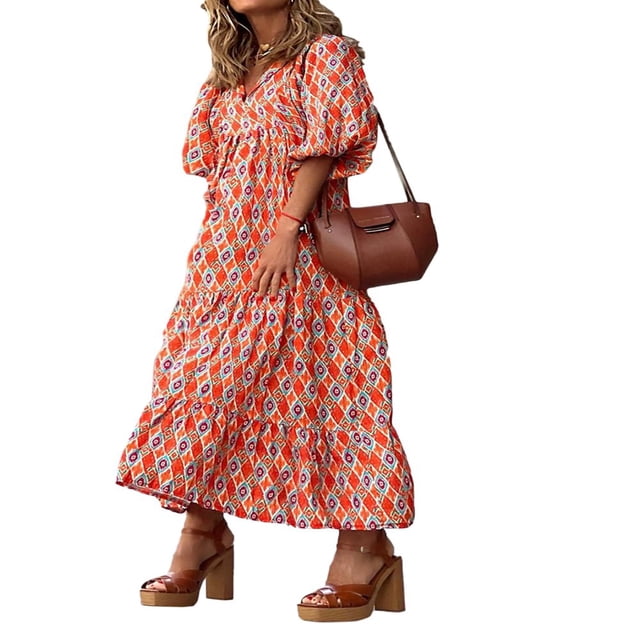 Robe Maxi Décontractée d'Été pour Femmes, Bohème à Fleurs, Col en V, Manches Courtes Bouffantes, Robe de Plage Longue Évasée, Bleu Ciel, M