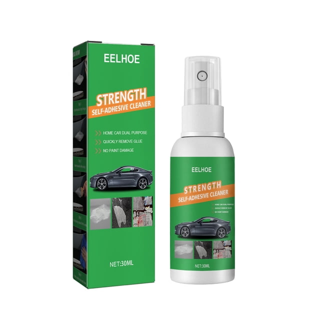 CEHVOM Car Unloading Spray Adhesive Remover, a 30ml cleaning solution designed for removing adhesive residues from car paint and other surfaces. The product features a press-type nozzle for easy application and comes with a shovel for effective cleaning. The spray is environmentally friendly with a mild smell and does not damage paint. The packaging includes a green and orange-labelled spray bottle alongside a matching box with product details.