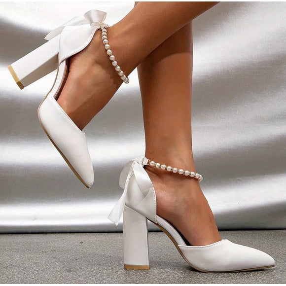 Chaussures de Mariage en Perles pour Mariée, Talon Épais, Bout Pointu, Talons Blocs de Mariage, Escarpins de Bal et de Soirée pour Femmes et Filles