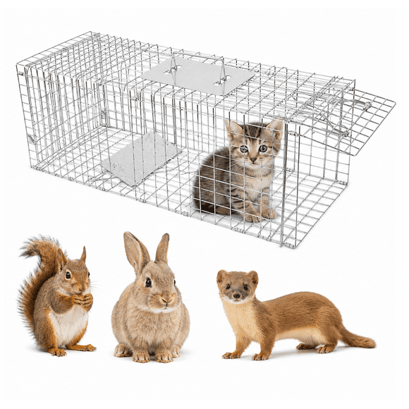 Ferrix Humane Live Animal Trap, Foldable Galvanized Steel Cage with Sensitive Pedal Trigger, Safe-Touch Guard for Squirrels, Rabbits, Weasels & Cats (24 x 7 x 8 in)