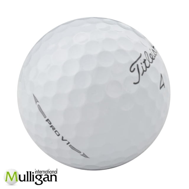 Mulligan - 48 Titleist ProV1 Prior Generations 5A Recycled Used Golf Balls, White showing a close-up of a single white dimpled golf ball with black 'Titleist', 'Pro V1', and number 4 markings, suitable for advanced players and eco-friendly golf practice.
