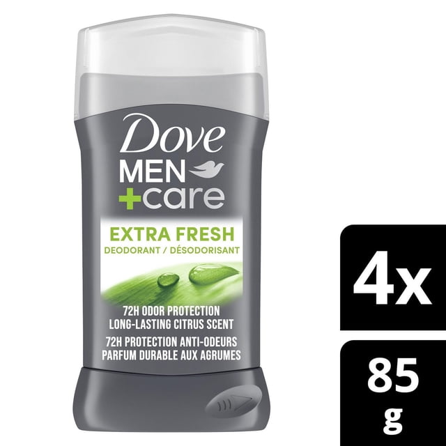 Dove Men Care Extra Fresh Antiperspirant Stick Value Pack featuring a front-facing gray deodorant stick with clear cap, providing 72-hour odor protection and long-lasting citrus scent, labeled in English and French, shown as a 4-pack with 85g weight, ideal men's antiperspirant deodorant stick.