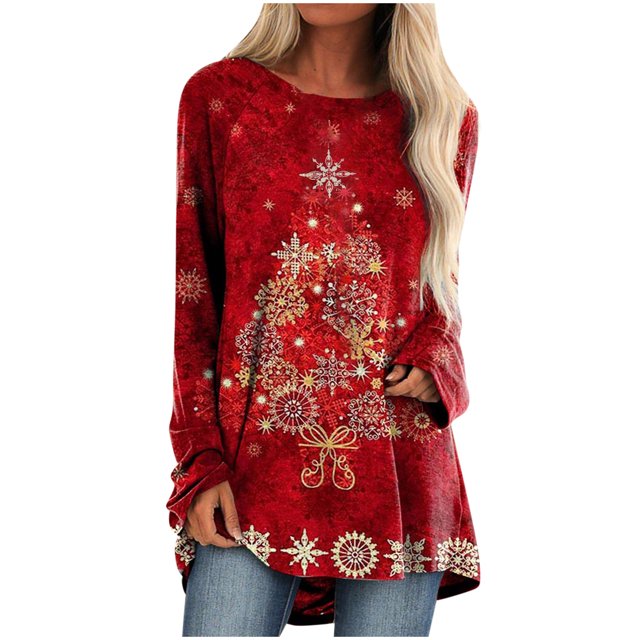 CEHVOM Chemises Décontractées à Manches Longues pour Femmes Chandail Tunique Ample Hauts Imprimé de Noël Blouse à Col Rond