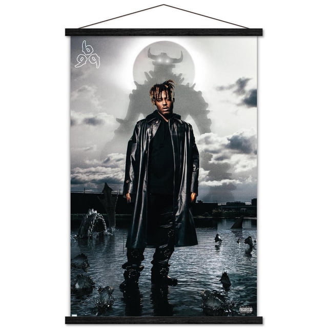 Juice WRLD - Fighting Demons Album Cover Wall Poster, 22.375" x 34", depicting a figure in a long black leather coat and boots standing in water surrounded by dark spiked creatures, with a large glowing-eyed horned monster silhouette in a cloudy sky, printed on glossy poster paper suitable for home décor and wall art.