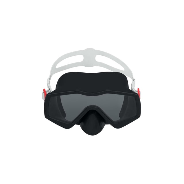 Bestway® Aqua Prime Essential Mask - Black with a wide, color-tinted impact-resistant polycarbonate single lens featuring UV protection, black flexible leak-resistant skirt, and white fully adjustable head strap with red clips, suitable for snorkeling and water sports.