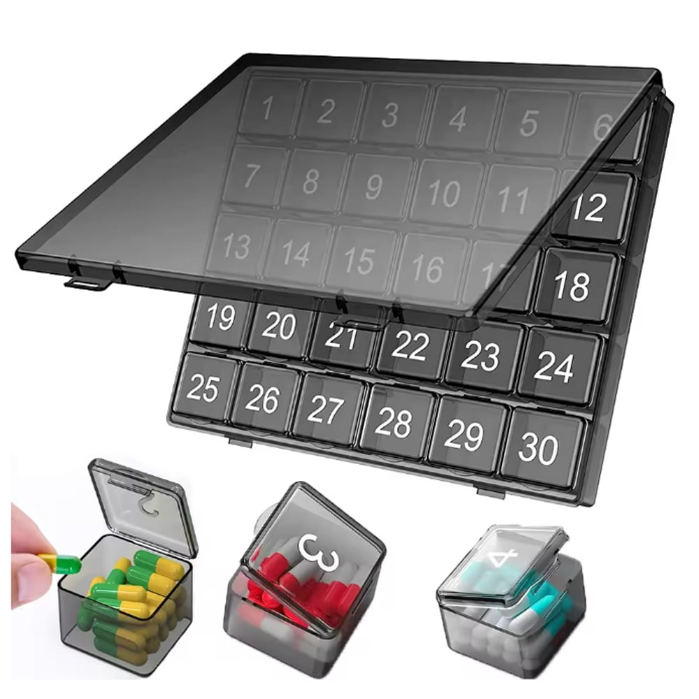 30-Day Pill Organizer Monthly Case with Large Compartments, Box for Vitamins and Medication, Black