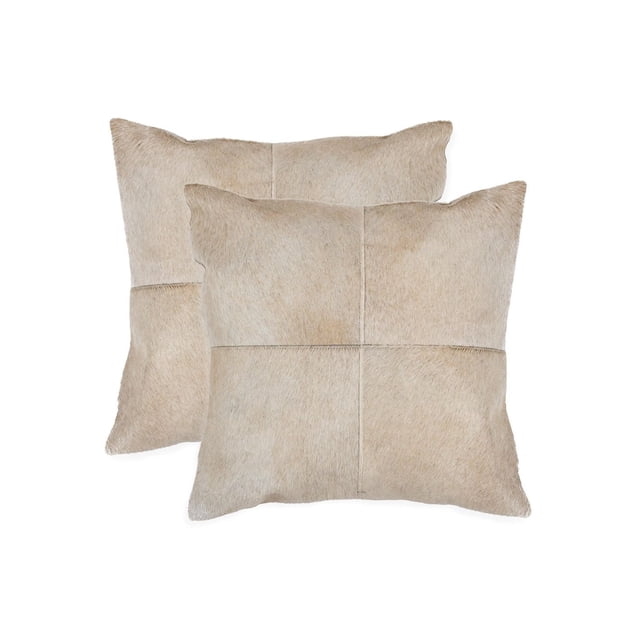 TORINO QUATTRO COWHIDE PILLOW 18"X18" 2-PACK with two beige natural Indian cowhide pillows, hand-stitched in a four-panel design featuring a hidden zipper and polyfil insert, perfect for layering in home décor and suitable for accenting multiple seating areas.
