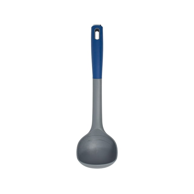 Farberware Soft Grip Ladle with a deep gray scoop and a long handle featuring a blue soft grip and hanging hole, designed for stirring and serving soups, sauces, and stews as a versatile kitchen utensil.