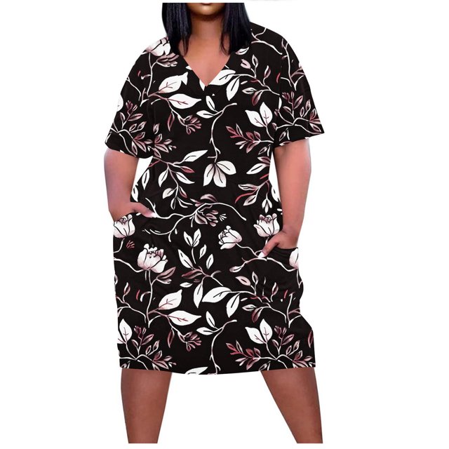 Pisexur Robes d'Été pour Femmes Mode à Imprimé Floral Robe Soleil Décontractée Ample à Col en V à Manches Courtes Robes T-Shirt Fluides Surdimensionnées Robe de Plage avec Poches Grande Taille Robe Mi-Mollet L-5TG