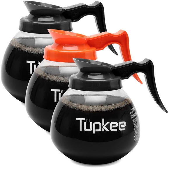 Carafe de Remplacement pour Cafetière en Verre – Cafetière 12 Tasses – 64 Oz, Ensemble de 3 – 2 Poignées Régulières Noires et 1 Poignée Décaféinée Orange, Carafe à Café Commerciale