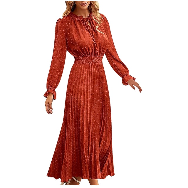 cfhntfmh Robes d'Invitée de Mariage pour Femmes Tendance à Découpes à Volants Col Ras du Cou Robe Maxi Smockée Ample Plissée Robe de Soirée