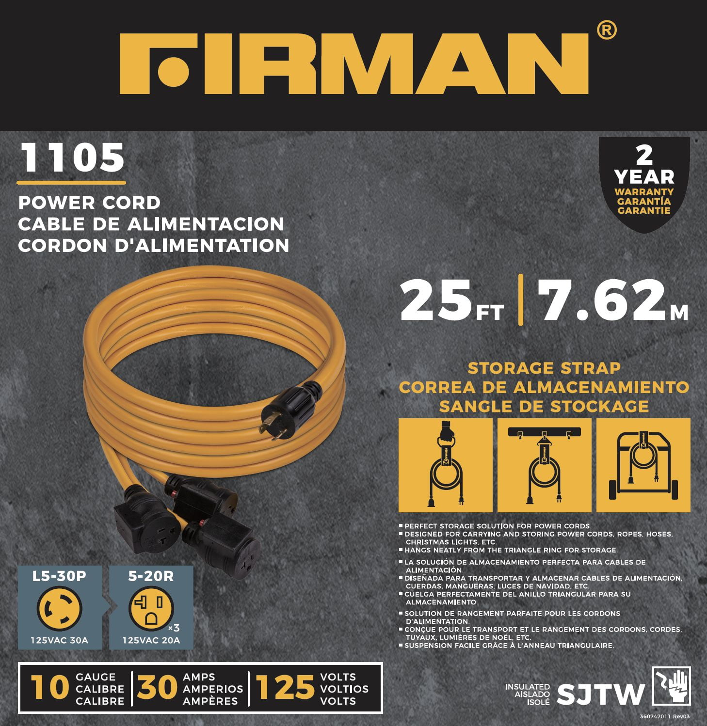 Firman 25FT Power Cord L5-30P 30AMP to 5-20Rx3 With Circuit Breaker Protection 1105