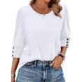 thumbnail image 2 of Lenpel Hauts pour Femmes à Manches 3/4 Mode Couleur Unie Col Ras du Cou T-Shirts Amples Tunique Chic Décontractée Tee Blouses, 2 of 7