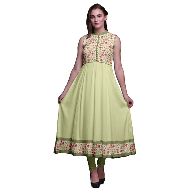 Bimba Robe Anarkali Jaune Pâle à Fleurs pour Femmes Kurti Imprimé Ethnique Indien Longue Kurta Robe de Soirée Grande