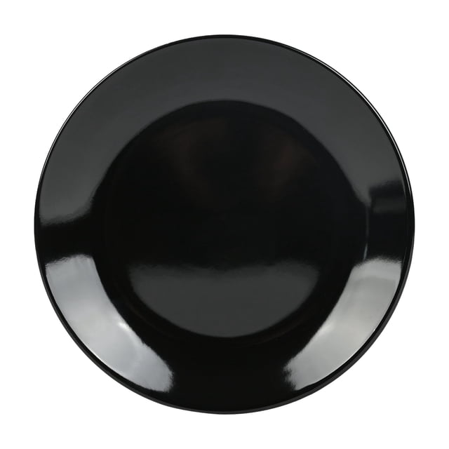 Mainstays Alessandra Solid Salad Plate from 32pc set, a 7.8-inch black stoneware salad plate with a glossy finish, shown top-down on a white background, microwave and dishwasher safe, often used for serving salads or small meals.